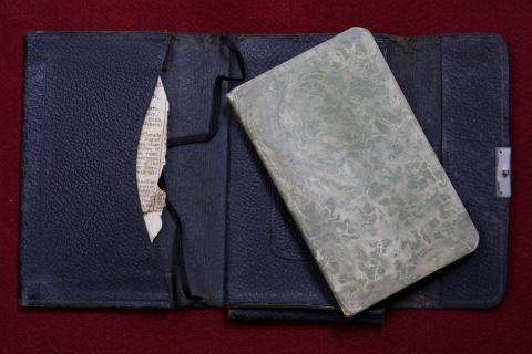 Picture of the diary in a fabric case.