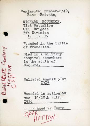 Scan of written reminisces outlining enlistment date and date of injury.