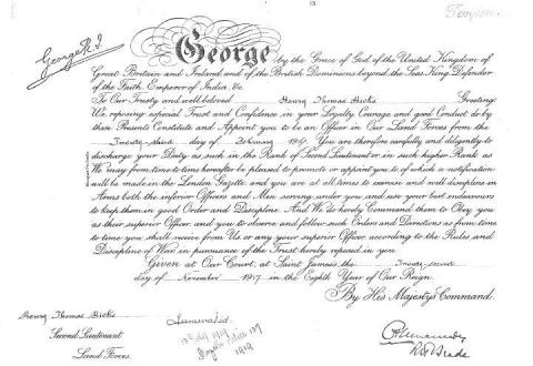 Harry Hicks Officer Commissioning Document from King George V