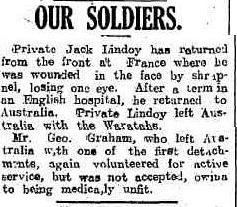 Image depicts article clipping about John Lindoy's return with injuries.