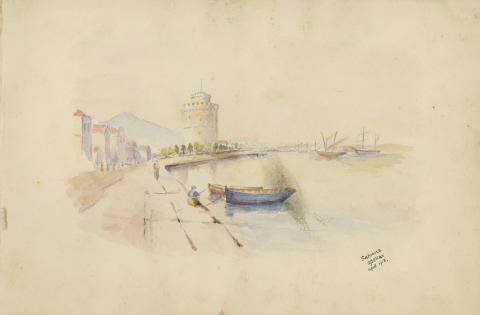 Drawing depicts a lake scene with a boat and a lighthouse. 