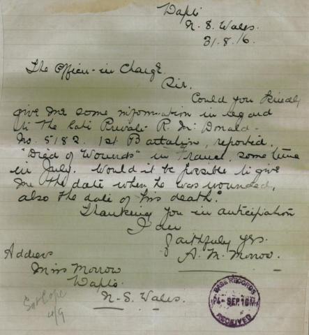 Letter from Miss Morrow to Australian Military