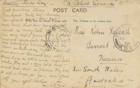 Postcard written to Stanley's sister, dated Christmas Day