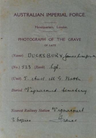 Lists rank as Sgt Unit 5 Aust MG Battn Buried Vignacourt Cemetery