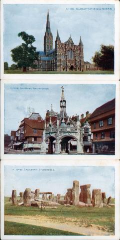 Three postcards each depicting Salisbury Cathedral and Stonehenge.