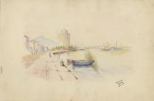 Drawing depicts a lake scene with a boat and a lighthouse. 